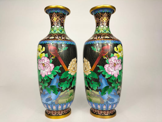 Pair of Chinese cloisonne vases with birds and flowers