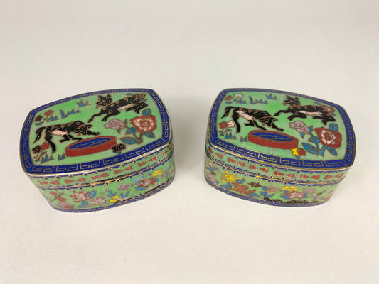 set of antique Chinese ROC cloisonne lidded boxes decorated with flowers and dogs