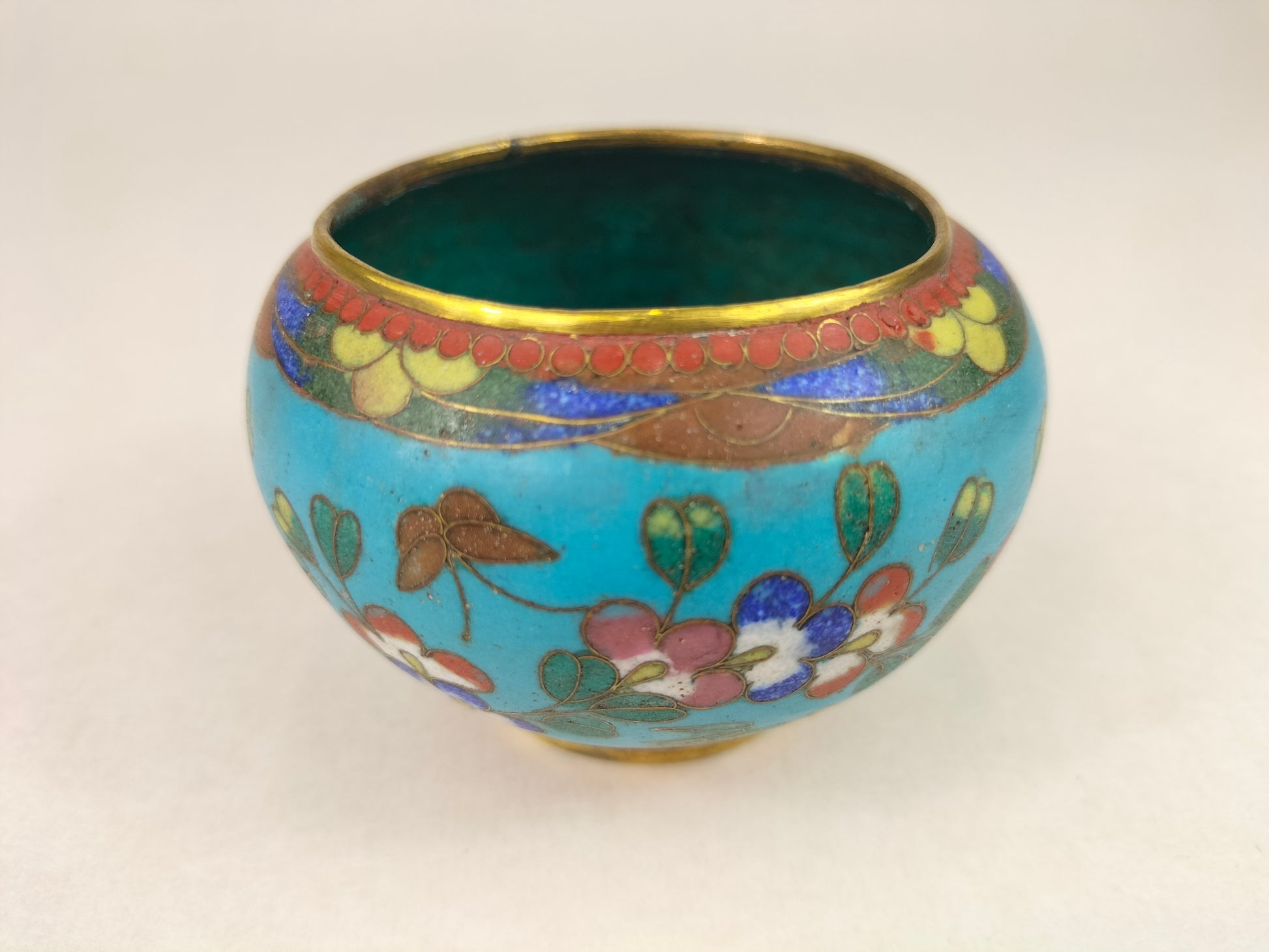 Antique Chinese cloisonne enamel jar decorated with flowers and birds