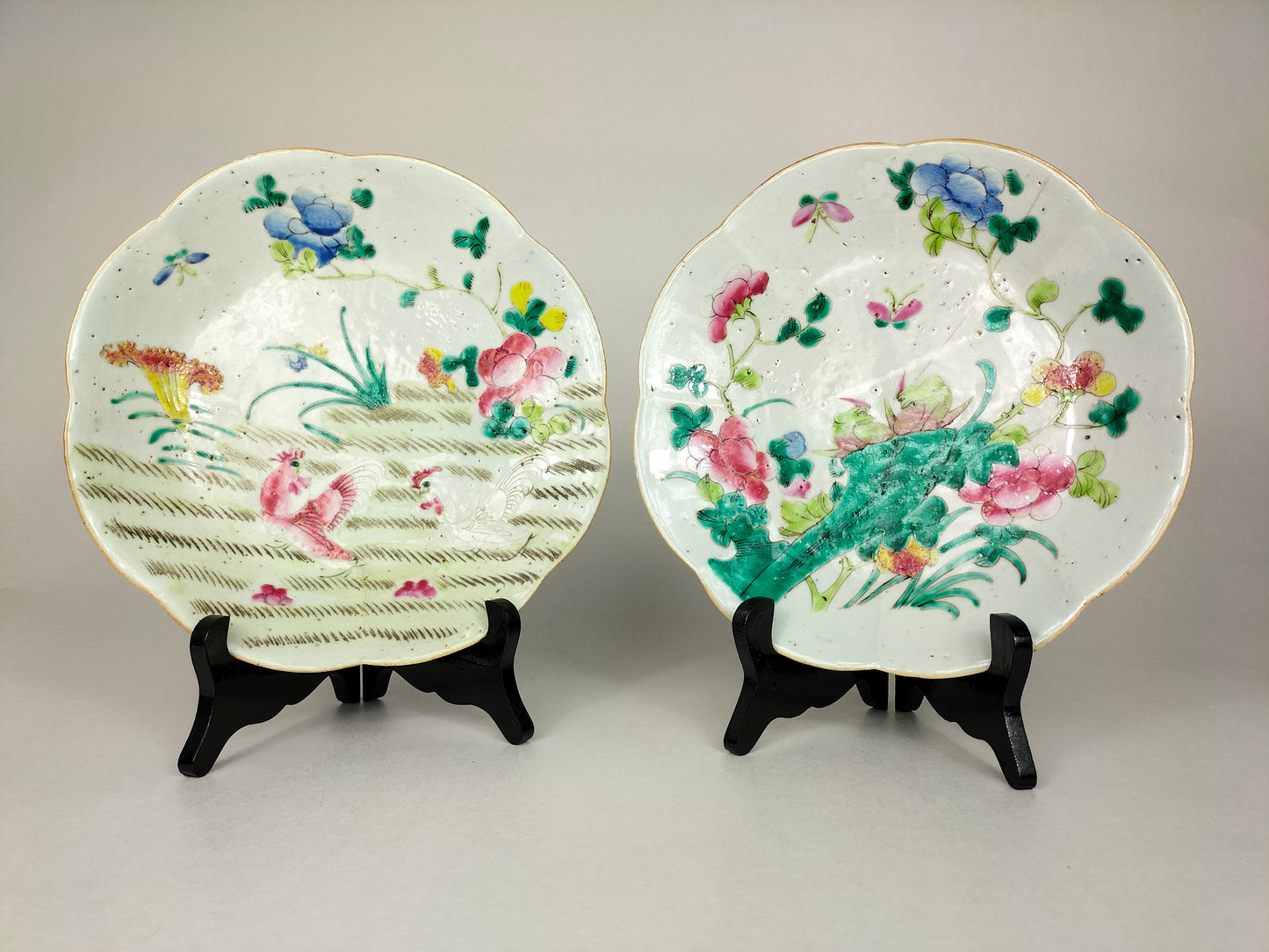 Antique 19th century famille rose plates with roosters and flowers
