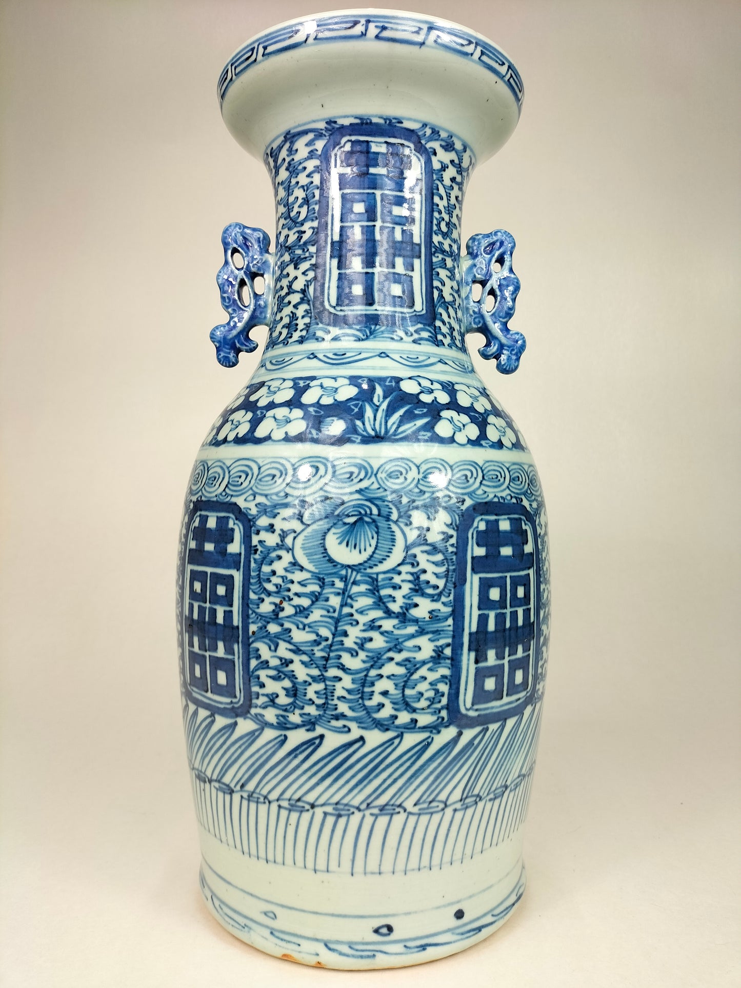 Antigo vaso chinês duplo de felicidade // Azul e branco - Dinastia Qing - século XIX