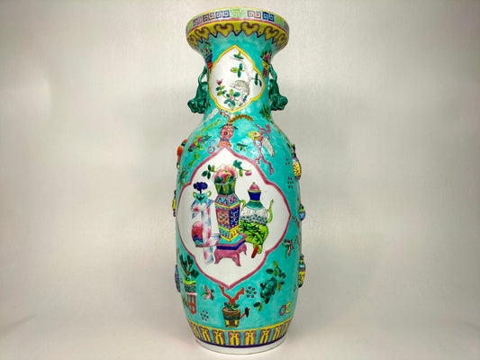 Large Chinese turquoise vase decorated with antiquities in relief