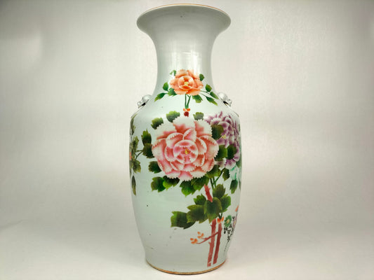 Antique Chinese ROC poem vase decorated with peonies and Chinese calligraphies