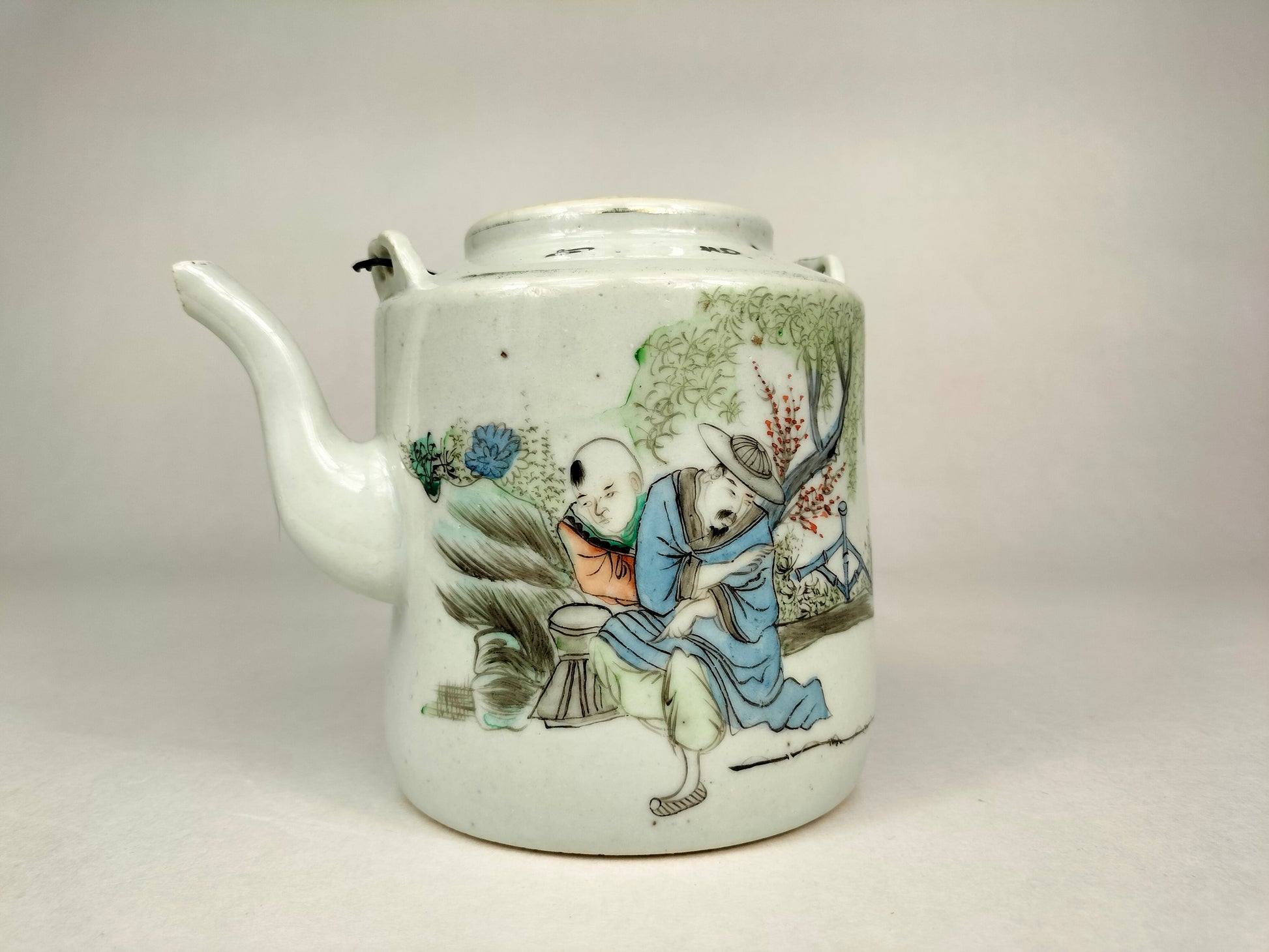 Antique Chinese ROC porcelain poem teapot decorated with figures