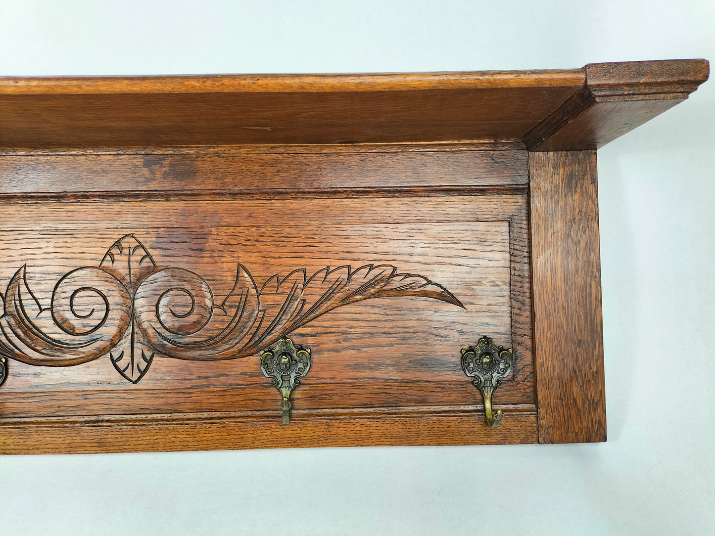 Large handmade vintage wooden wall coat rack decorated with flower motifs // France- Mid 20th century
