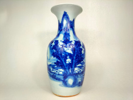 Antique 19th century blue white qing dynasty vase decorated with landscape