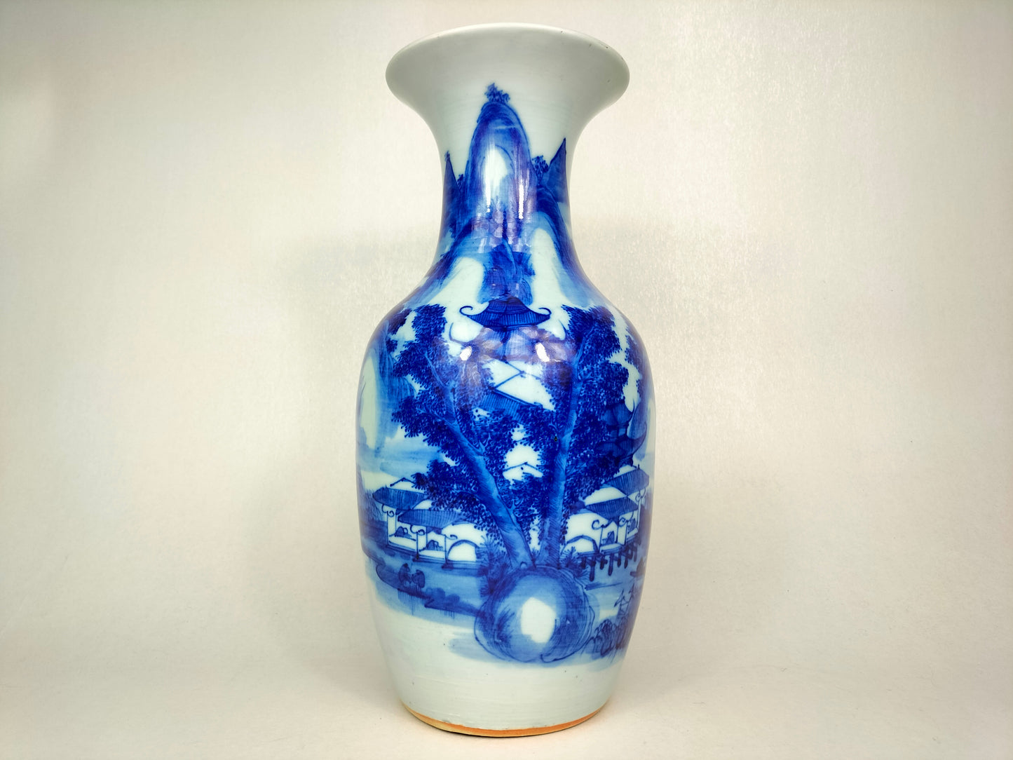 Antique 19th century blue white qing dynasty vase decorated with landscape