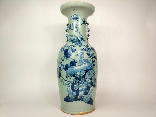 Large antique 19th century Chinese celadon  vase decorated with birds and flowers