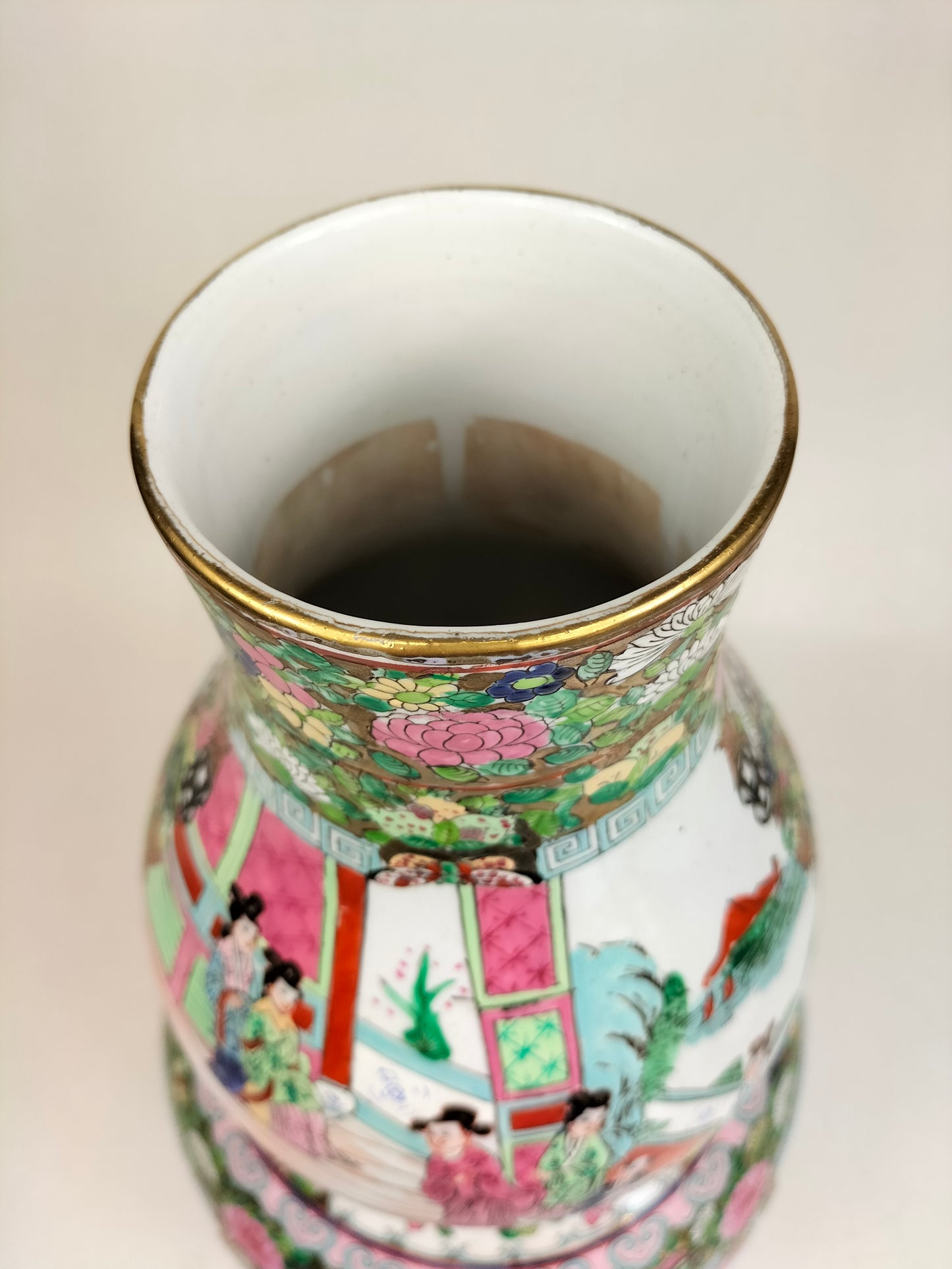 Grand vase double gourde médaillon rose canton chinois XL // 20ème siècle