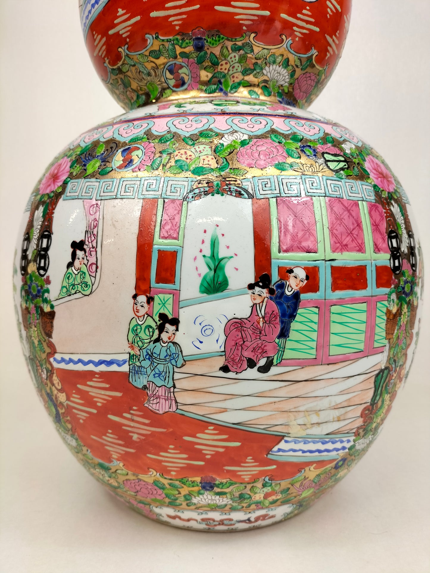 Grand vase double gourde médaillon rose canton chinois XL // 20ème siècle