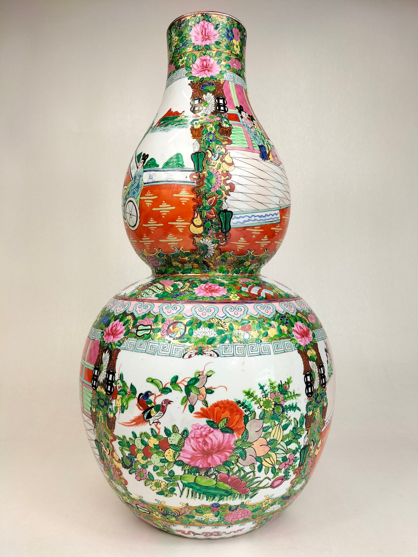 Grand vase double gourde à médaillon rose canton chinois XL // Milieu du 20e siècle