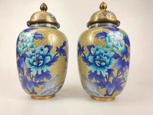 Pair of large Chinese handmade cloisonne lidded vases decorated with flowers
