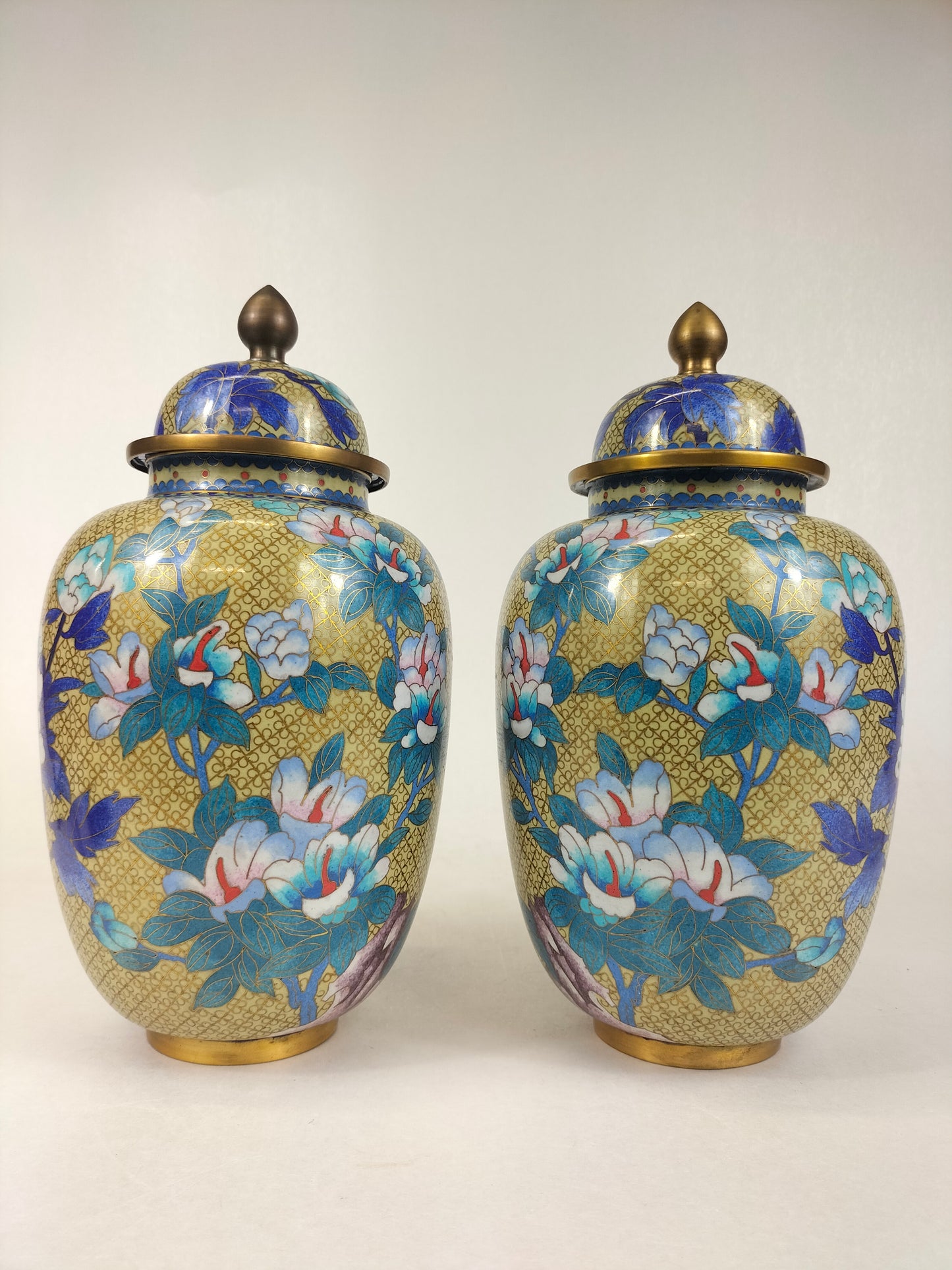Pair of Chinese cloisonne lidded vases decorated with flowers // 20th century