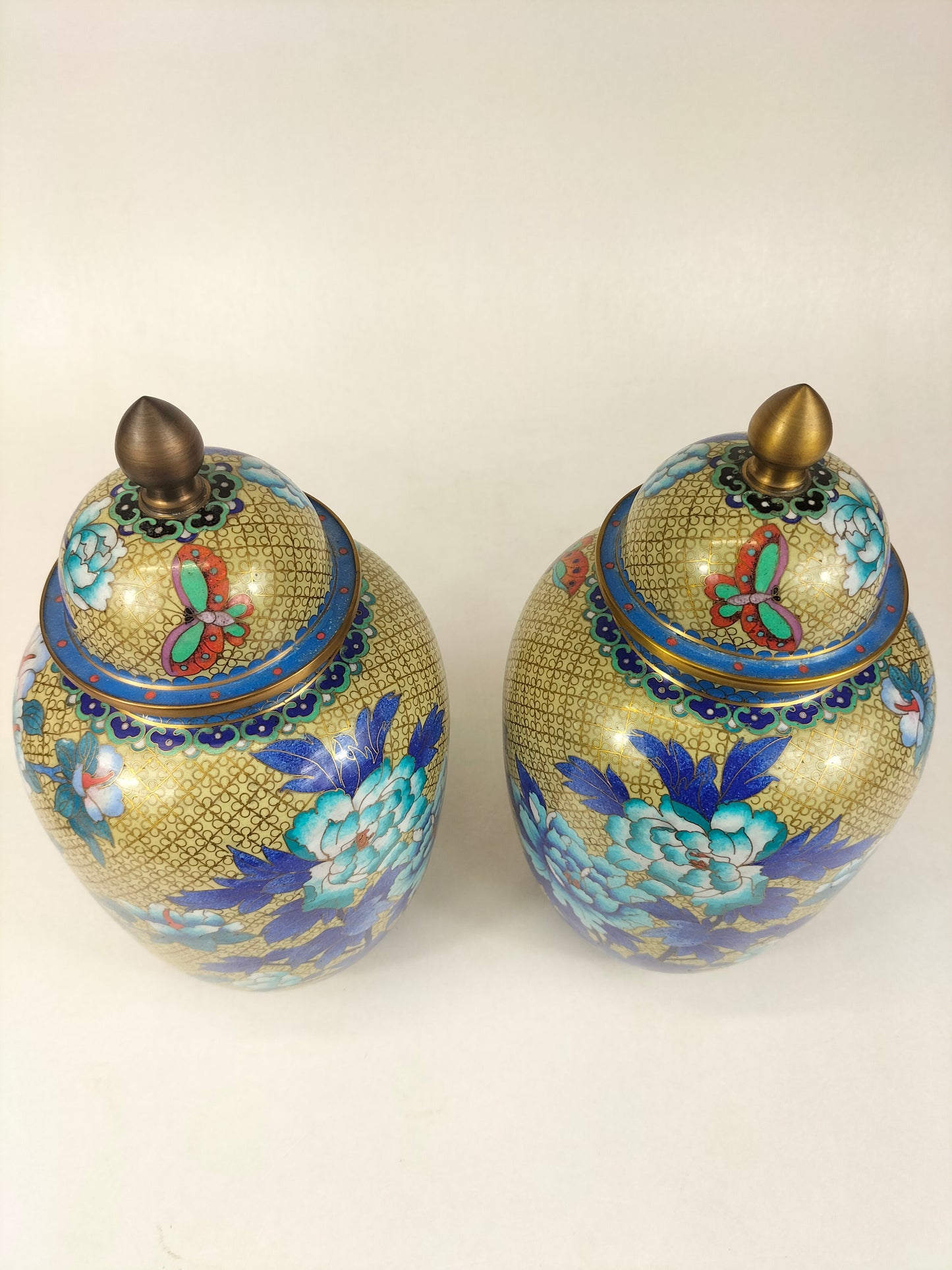 Pair of Chinese cloisonne lidded vases decorated with flowers // 20th century