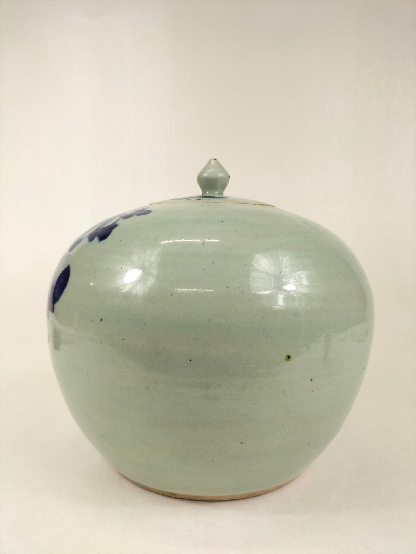 Antique Chinese celadon ginger jar decorated with peacock and flowers // Qing Dynasty - 19th century