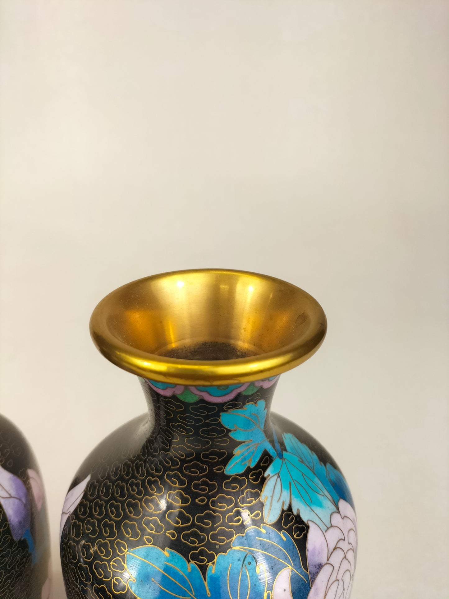 一对饰有蝴蝶和花朵的中国景泰蓝花瓶// 20 世纪