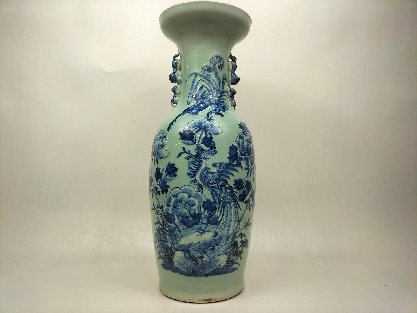 Large antique 19th century Chinese celadon vase decorated with phoenix and flowers