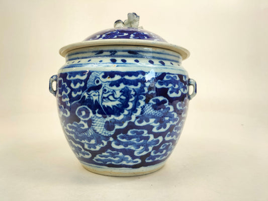 Antique 19th century Chinese blue white lidded jar with dragon and clouds