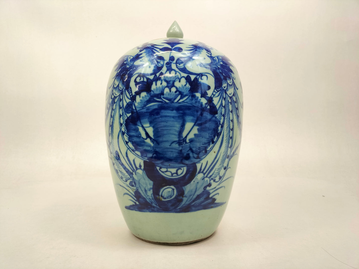 Antique 19th century Chinese celadon blue ginger jar decorated with phoenix