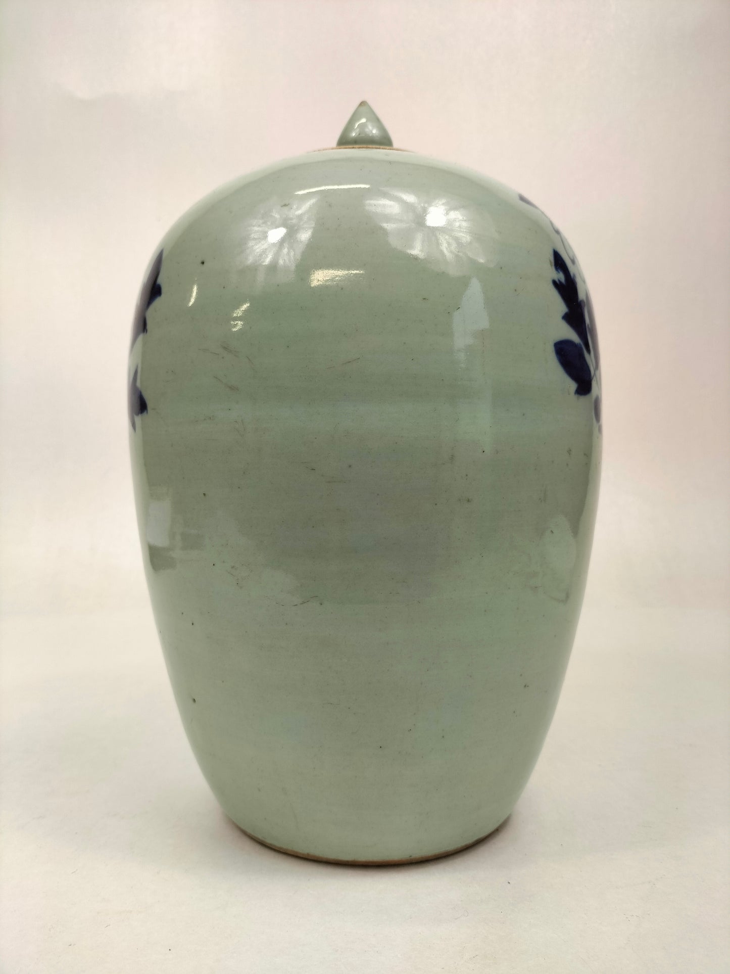 Antique Chinese celadon colored ginger jar decorated with birds and flowers // Qing Dynasty - 19th century