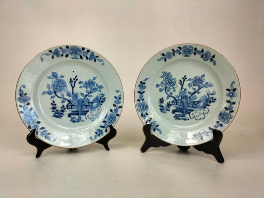 Pair of antique 18th century Chinese Kangxi plates decorated with flower patterns