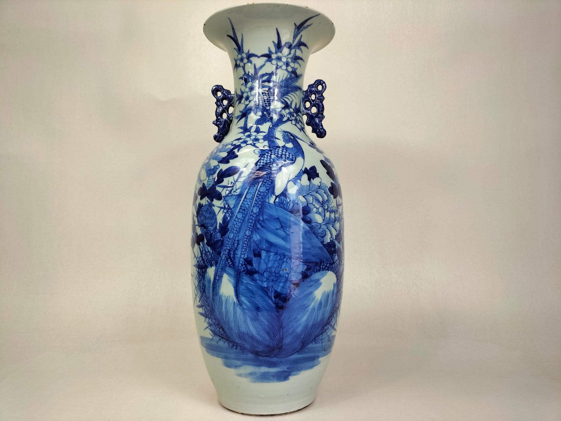 Large antique 19th century Chinese blue and white bottle vase decorated with birds and flowers