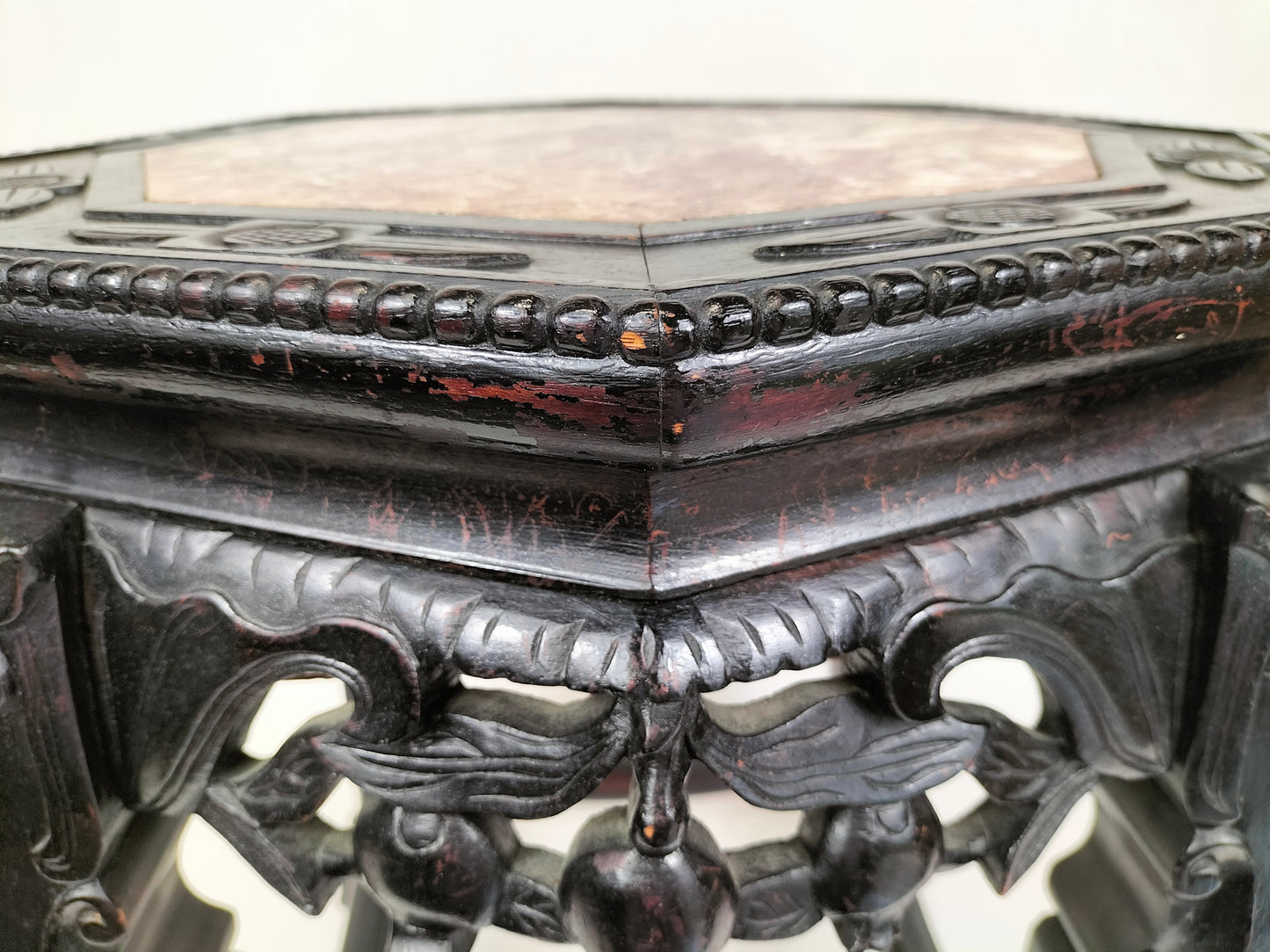 Antique Chinese wooden side table inlaid with marble top // Early 20th century