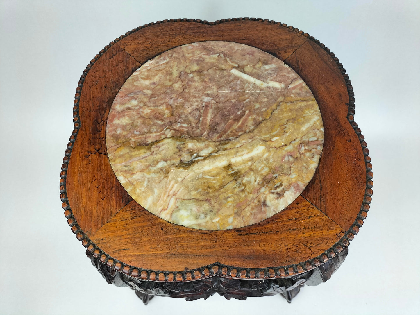 Antique Chinese wooden side table inlaid with marble top // Early 20th century