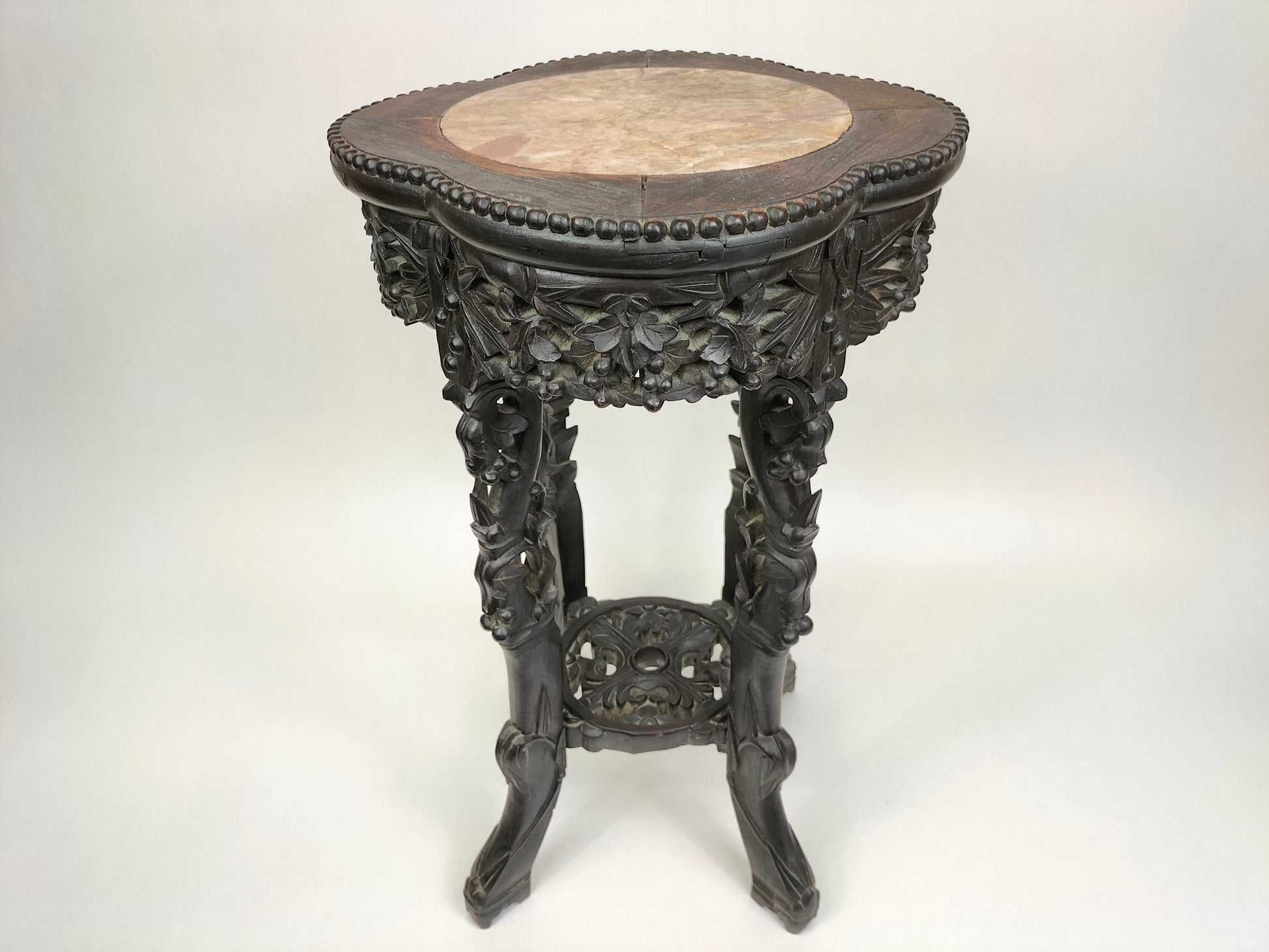 Antique 19th century Chinese wood carved side table with marble top
