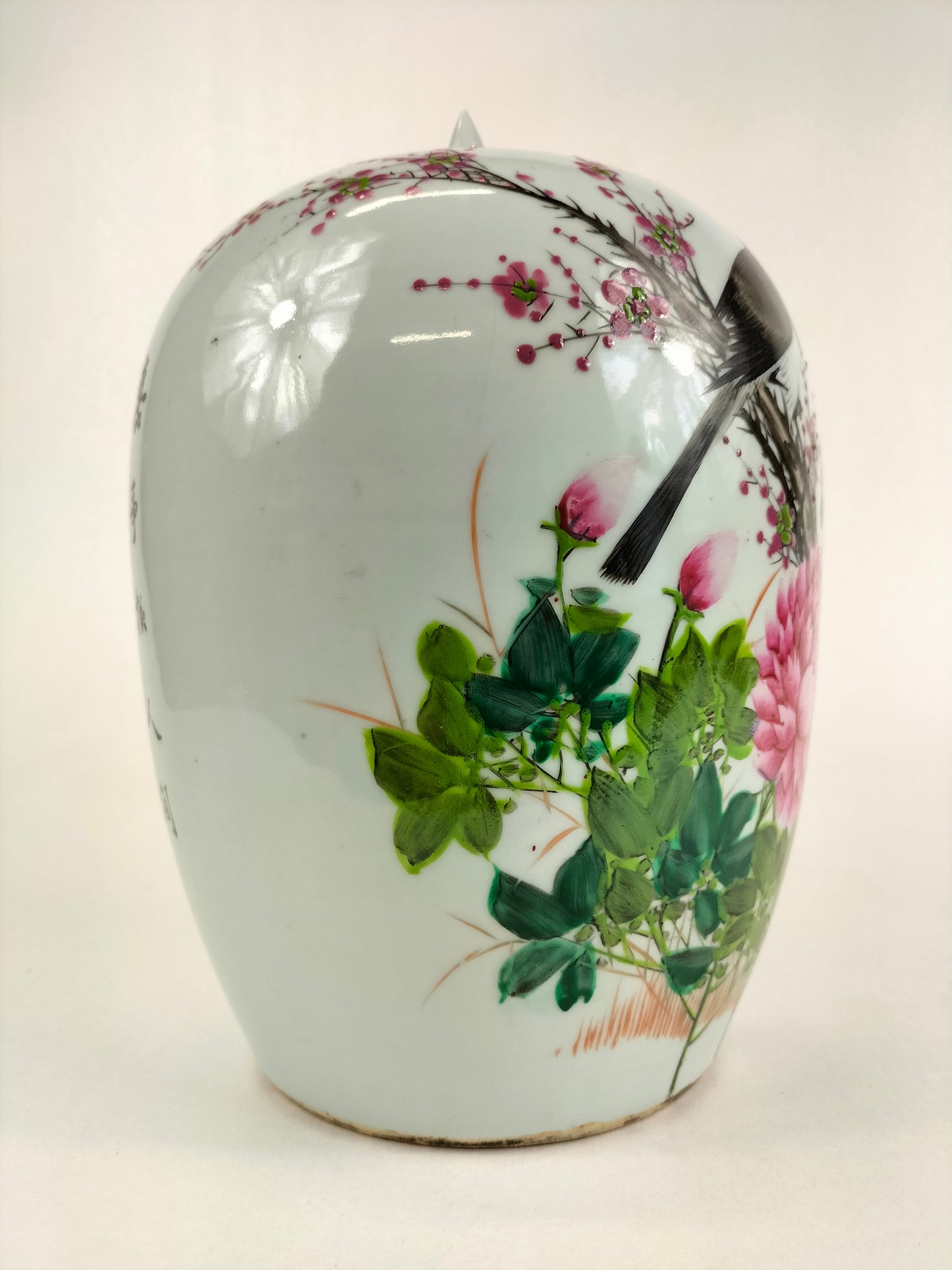 Antigo pote de gengibre chinês qianjiang cai decorado com pássaros e flores // Período da República (1912-1949)