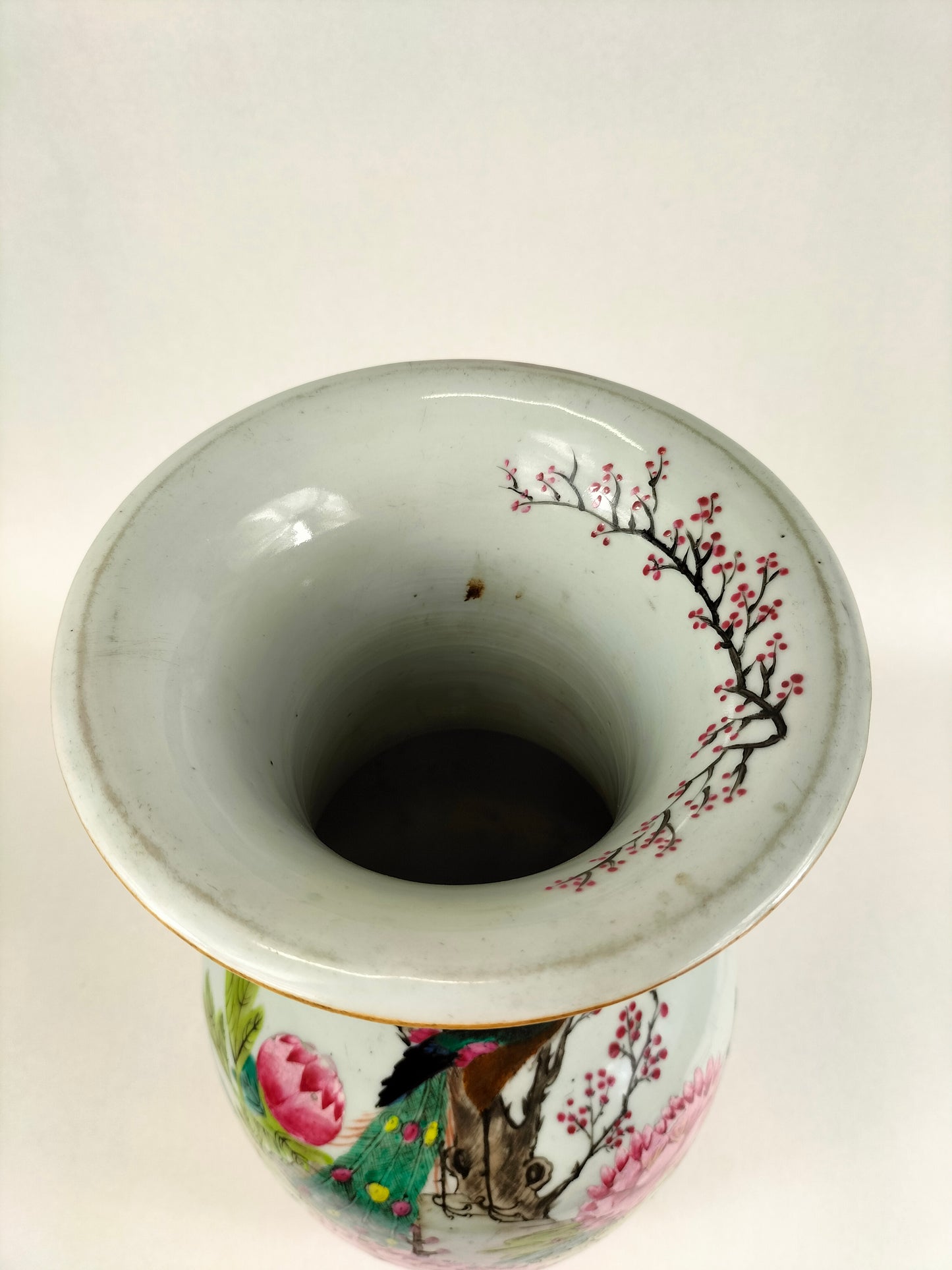 Antique Chinese qianjiang cai vase with peacock and flowers // Republic period (1912-1949)