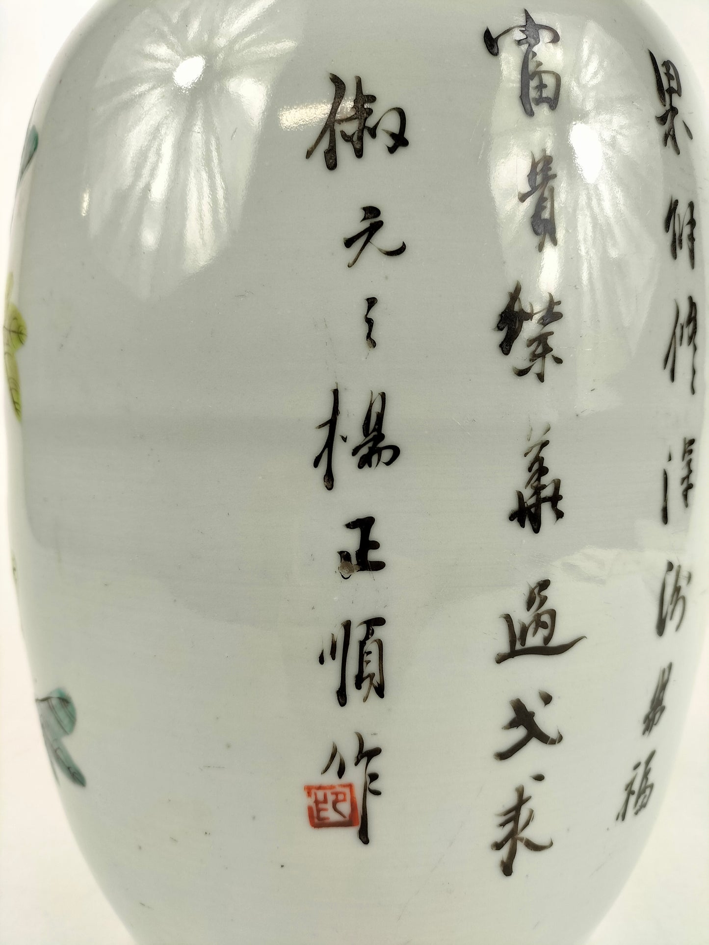 Antique Chinese qianjiang cai vase with peacock and flowers // Republic period (1912-1949)