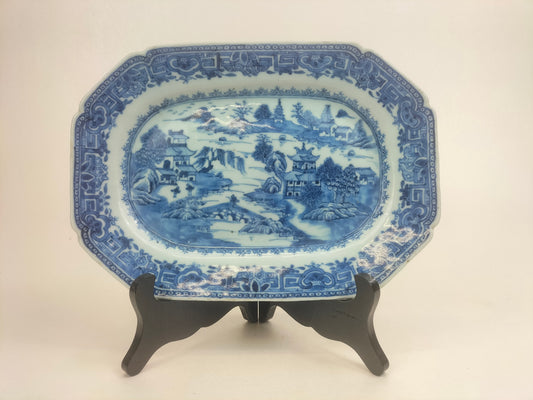 Antique 18th century Chinese blue and white rectangular landscape plate
