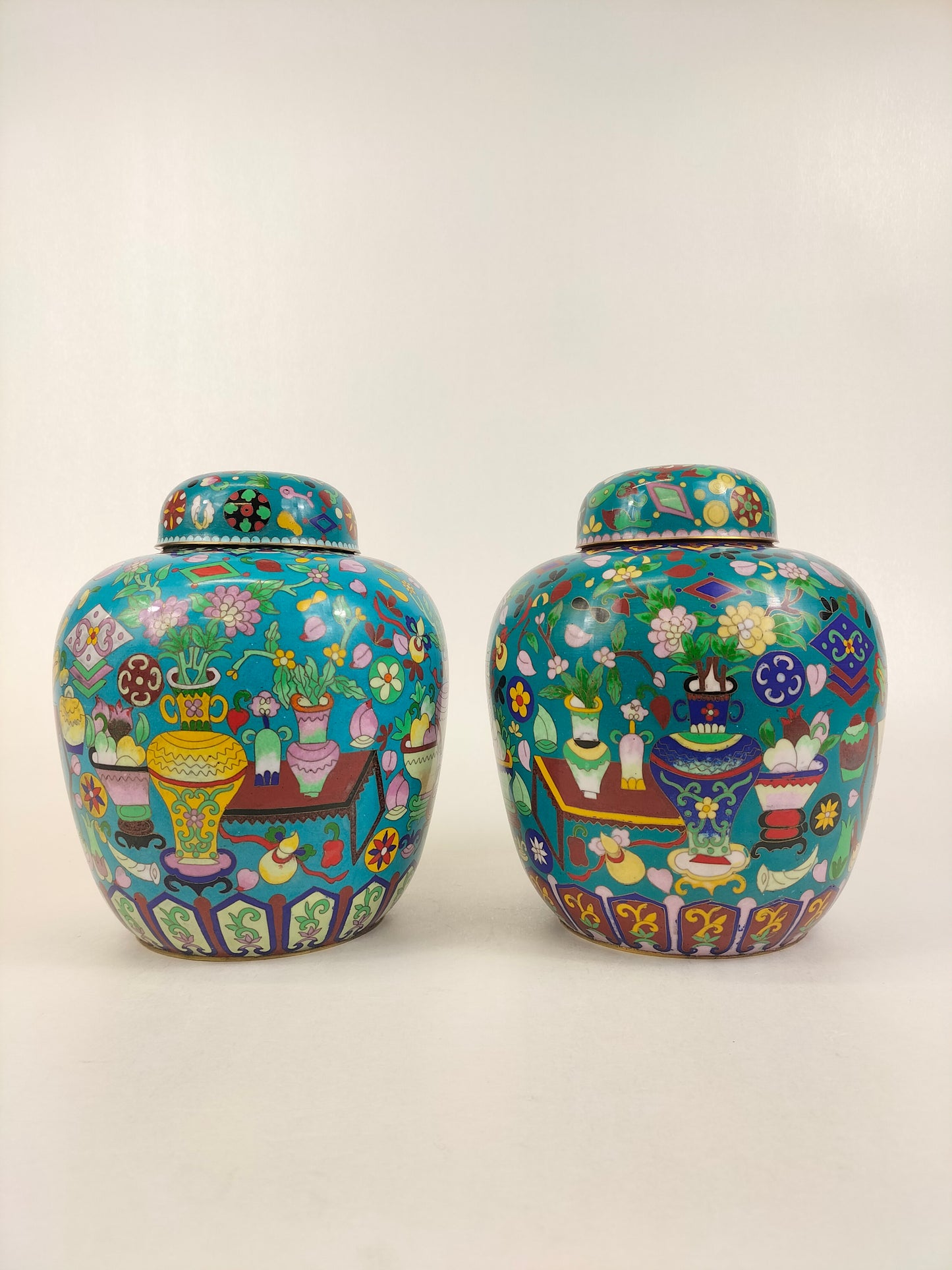 Set of 2 Chinese cloisonne ginger jars decorated in antique treasures // 20th century