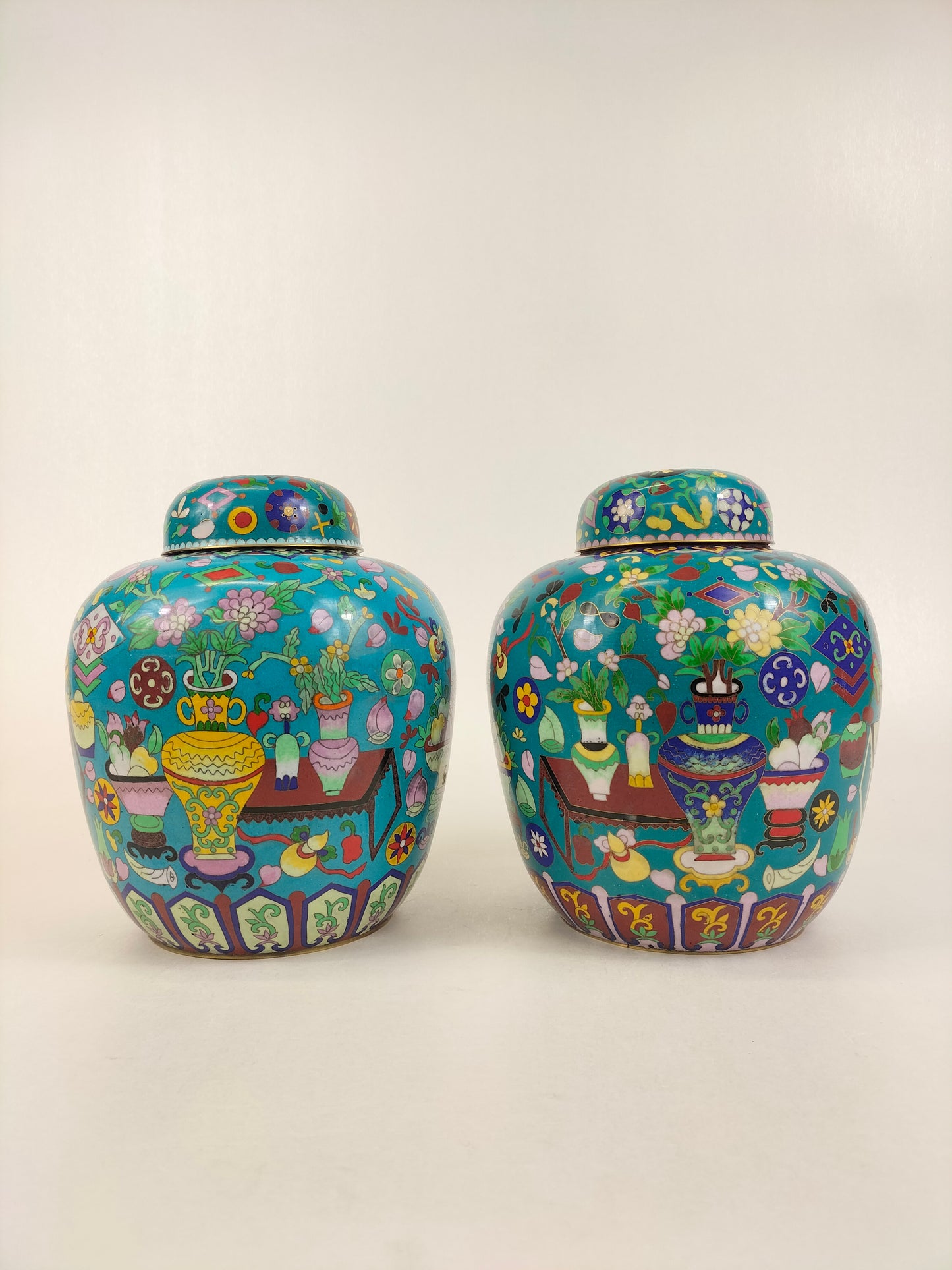 Set of 2 Chinese cloisonne ginger jars decorated in antique treasures // 20th century