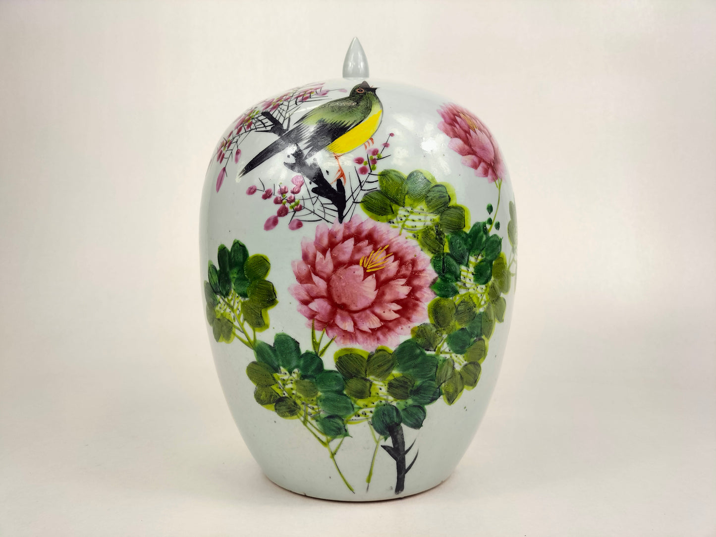 Ancien pot à gingembre chinois qianjiang cai décoré d'un oiseau et de fleurs // Période République (1912-1949)