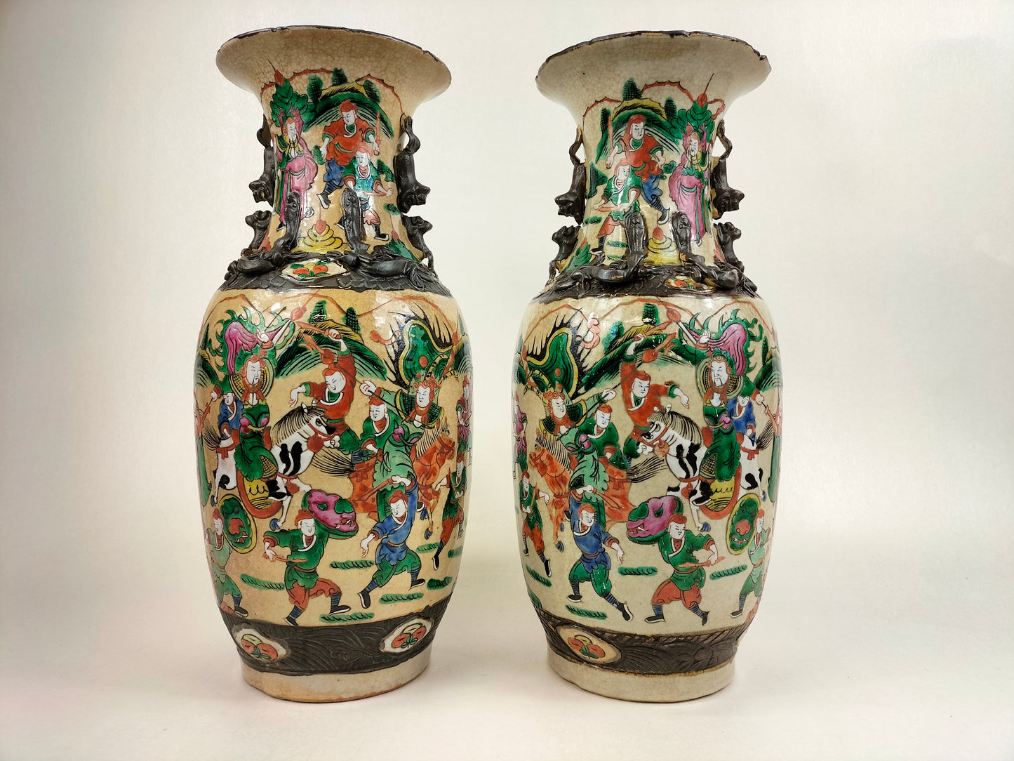 pair of antique 19th century Chinese Nanking vases decorated with warriors