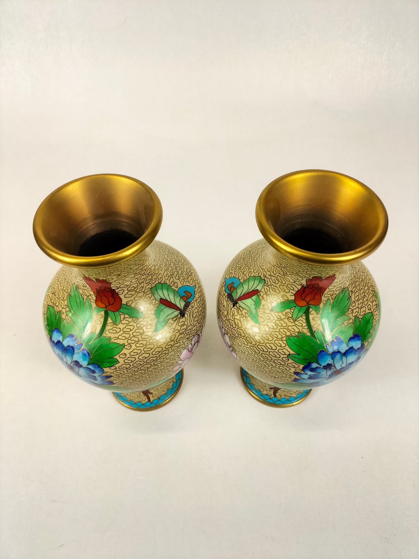 Cặp bình sứ cloisonné Trung Quốc trang trí hoa // Thế kỷ 20