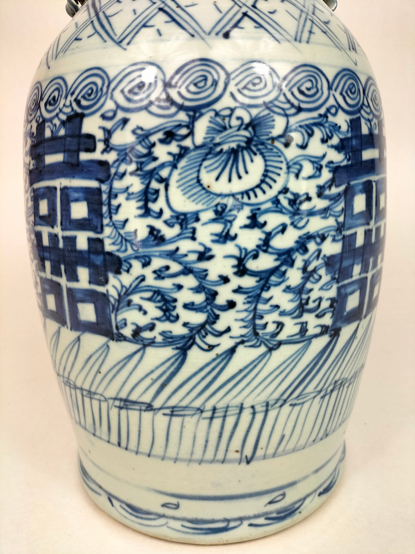 مزهرية سعادة مزدوجة صينية قديمة // أزرق أبيض – أسرة تشينغ – القرن التاسع عشر