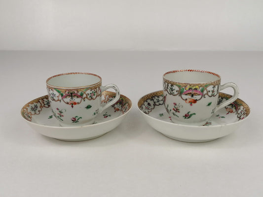 Antique set of 2 Chinese teacups and saucers // 18th century // Qing Dynasty