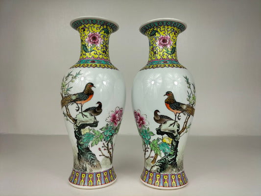 Cặp bình hoa hồng gia đình Trung Quốc được trang trí bằng hoa và chim // Jingdezhen - thế kỷ 20